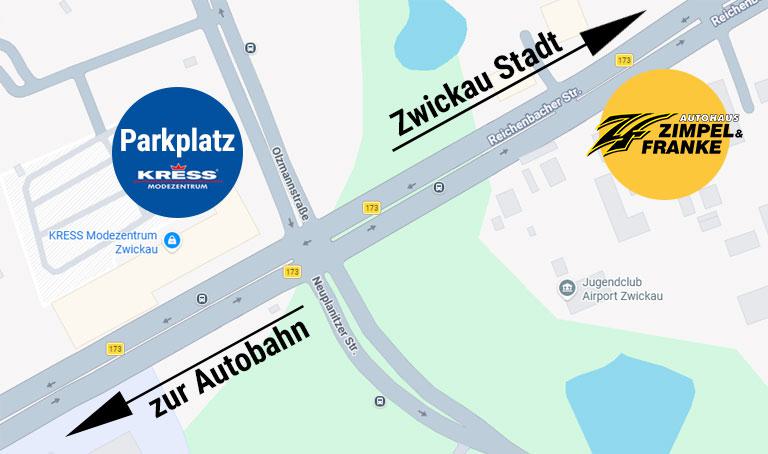 Bitte parken Sie kostenlos auf dem Parkplatz Kress. Sie werden bequem mit unserem Shuttle-Service zum Autohaus Zimpel & Franke chauffiert.