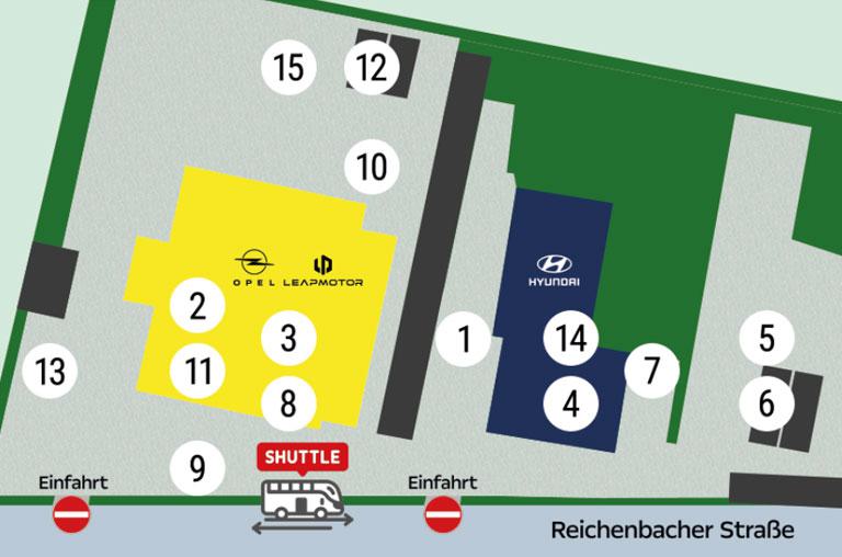Lageplan zum Programm der 30 Jahre Jubilaeumsfeier von Zimpel und Franke in Zwickau am 9. Mai 2026 von 10 - 16 Uhr