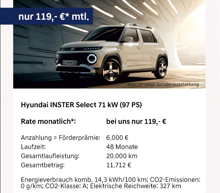 Hyundai INSTER Select 71 kW (97 PS) ab 119 Euro Elektroförderung