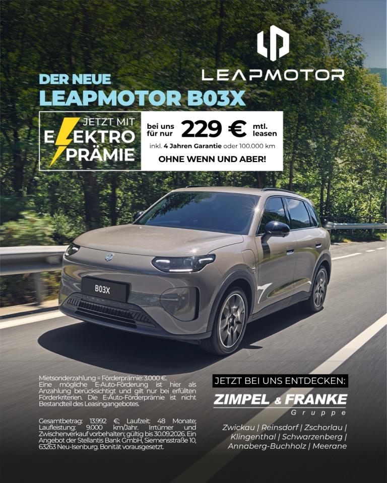 Leapmotor B03X 53 kWH Design 145 kW (197 PS) bei uns für nur 275 € mtl. leasen inkl. 4 Jahren Garantie oder 100.000 km. Ohne Wenn & Aber! Nur bis 30.09.2026.