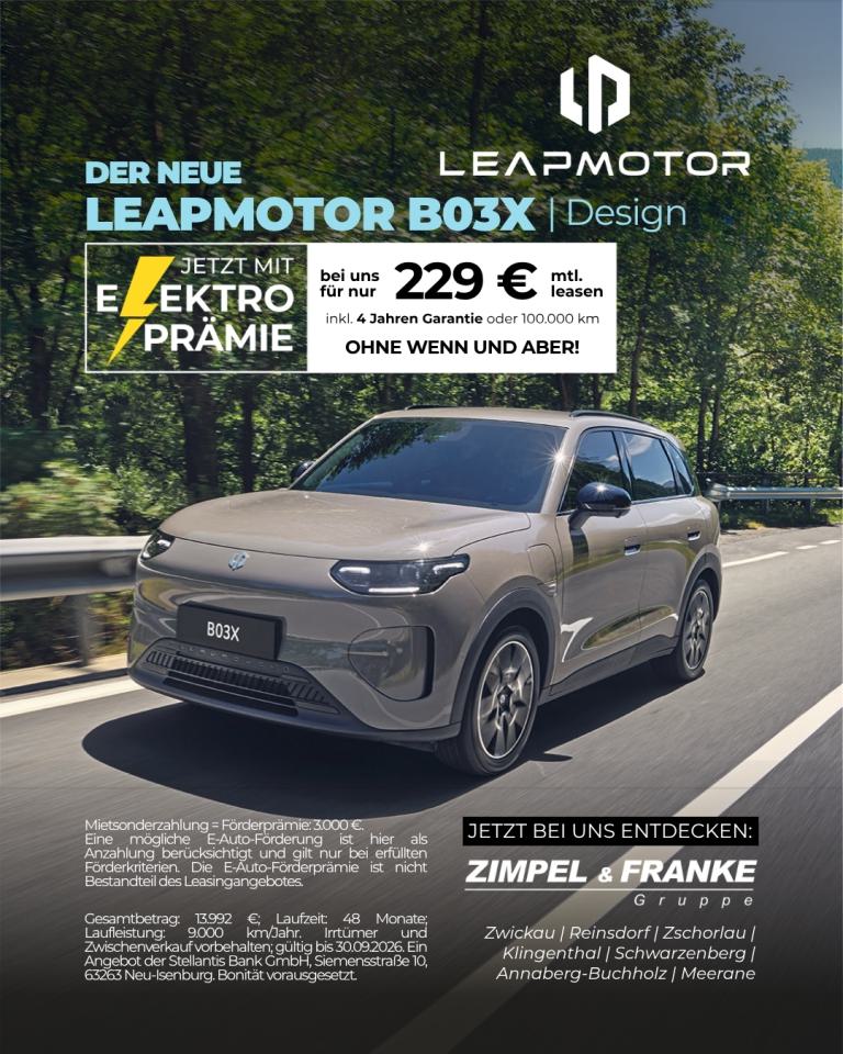 Leapmotor B03X 53 kWH Design 145 kW (197 PS) bei uns für nur 275 € mtl. leasen inkl. 4 Jahren Garantie oder 100.000 km. Ohne Wenn & Aber! Nur bis 30.09.2026.