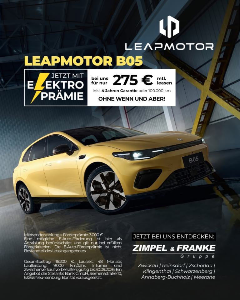 Leapmotor B05 67,1 kWh Design Pro Max 160 kW (218 PS) bei uns für nur 275 € mtl. leasen inkl. 4 Jahren Garantie oder 100.000 km. Ohne Wenn & Aber! Nur bis 30.09.2026.